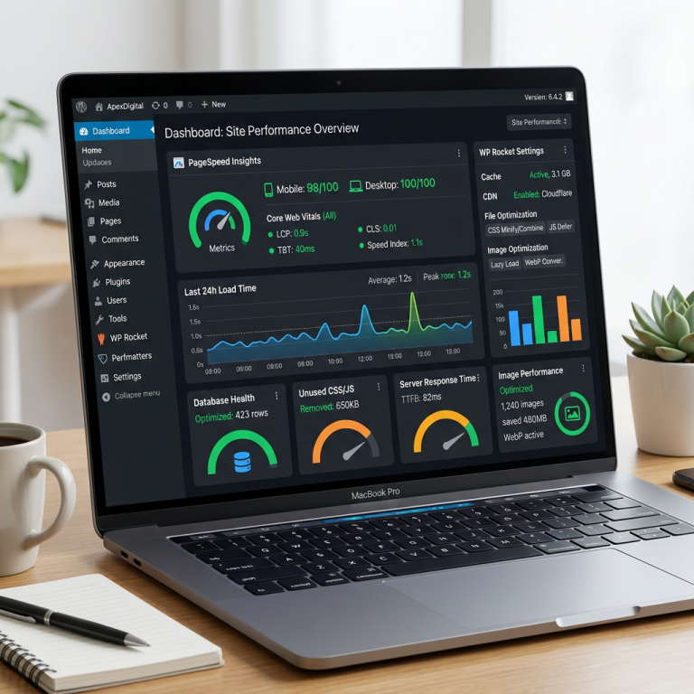Website performance dashboard displaying PageSpeed Insights, load time graph, database health, unused CSS/JS, server response time, and image performance metrics