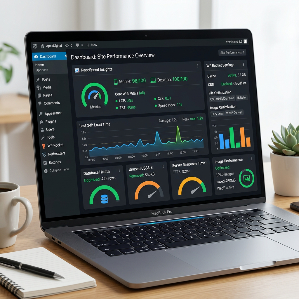 Website performance dashboard displaying PageSpeed Insights, load time graph, database health, unused CSS/JS, server response time, and image performance metrics
