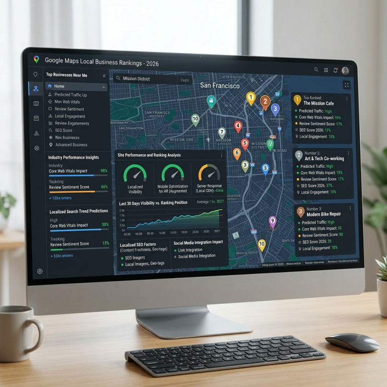 Digital dashboard displaying local business rankings, SEO scores, review sentiment, and site performance for San Francisco businesses.