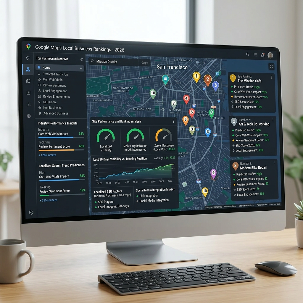 Digital dashboard displaying local business rankings, SEO scores, review sentiment, and site performance for San Francisco businesses.