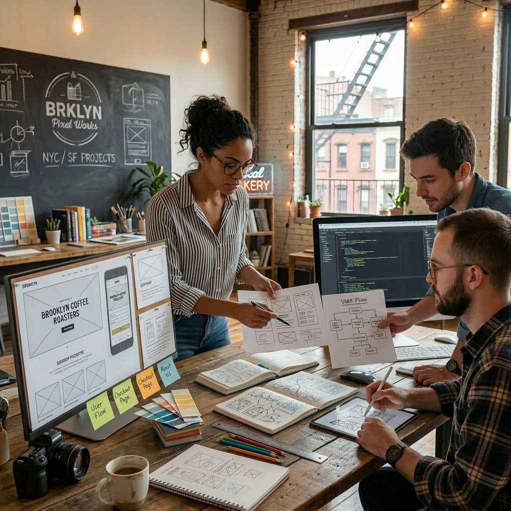 Three people collaborating on website wireframes and coding in an office